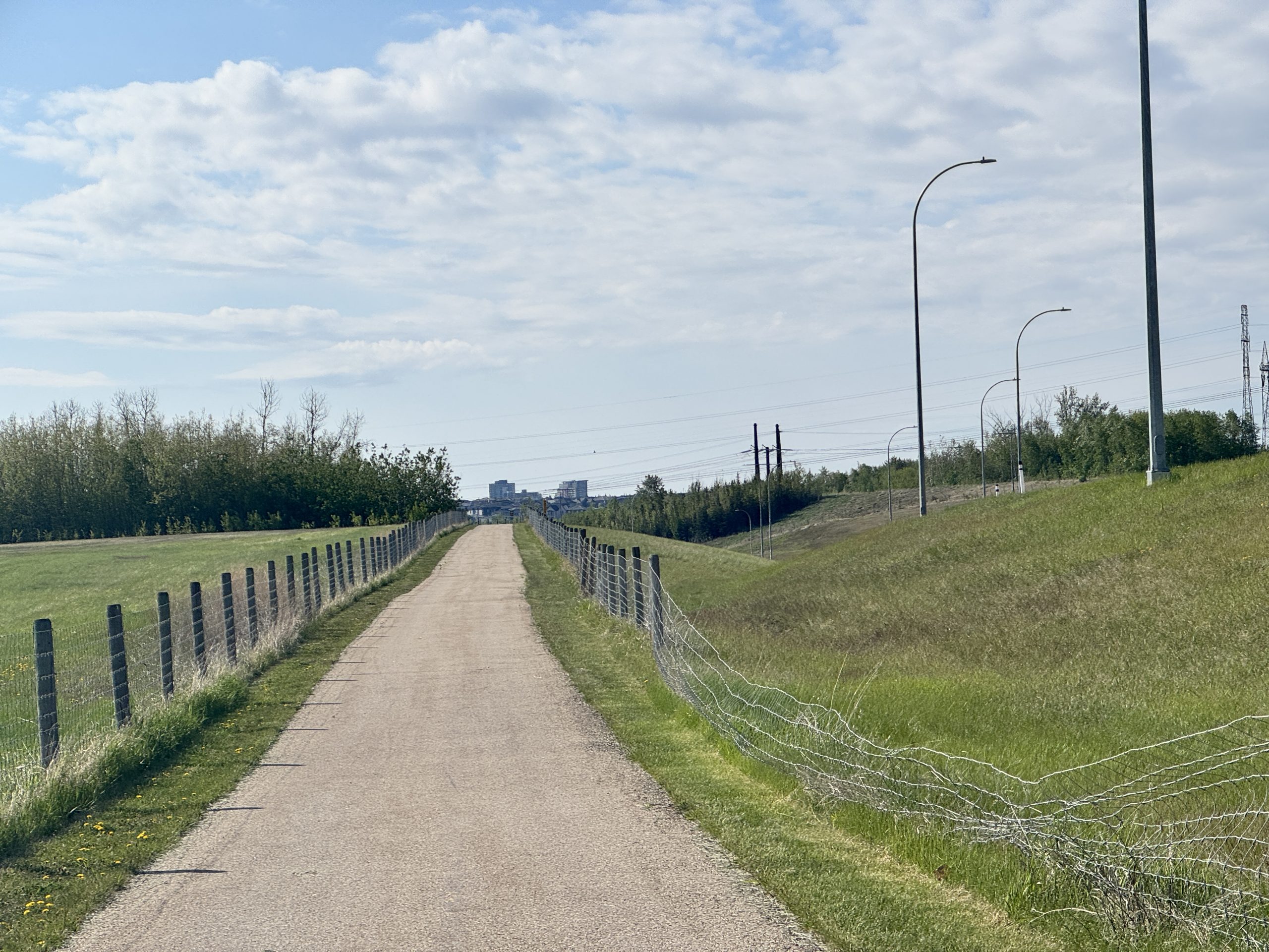 An asphalt path runs through a grassy burm towards a cluster of tres in the distance. A simple wire fence traces the left edge of the path.
